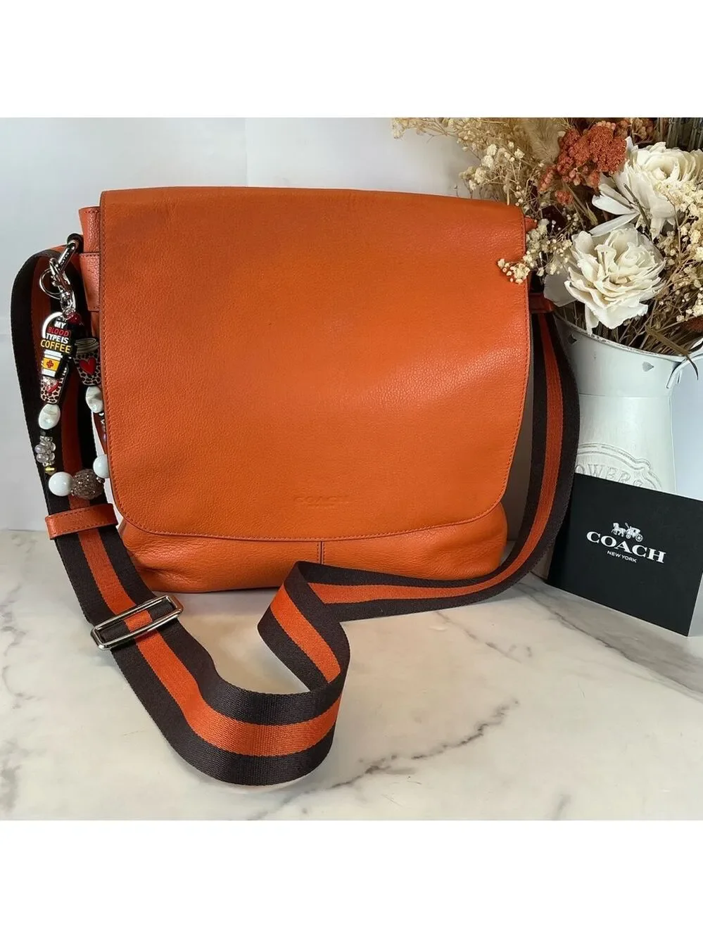 Coach Unisex Charles Messenger‎ Vibrant Orange Brown Leather Crossbody Bag